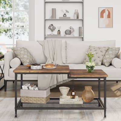 Coffee Table 2-Tier Center Table Rustic Living Room Table - Brown