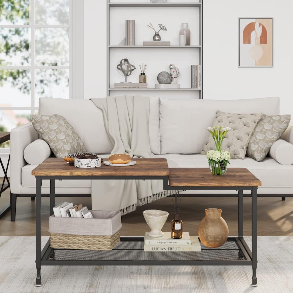 Coffee Table 2-Tier Center Table Rustic Living Room Table - Brown