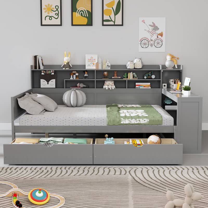 Roomfitters Full Daybed with Storage Shelves, Multi-Functional Bed with Drawers and Study Desk