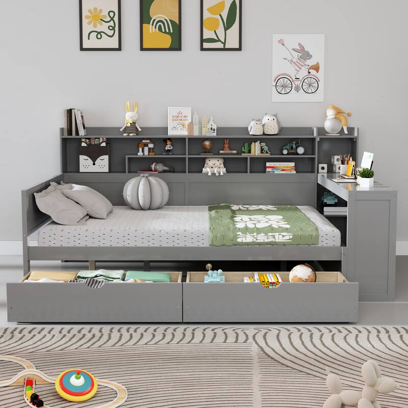 Wooden Full Daybed with Storage Shelves, Multi-functional Bed with Two Storage Drawers and Study Desk