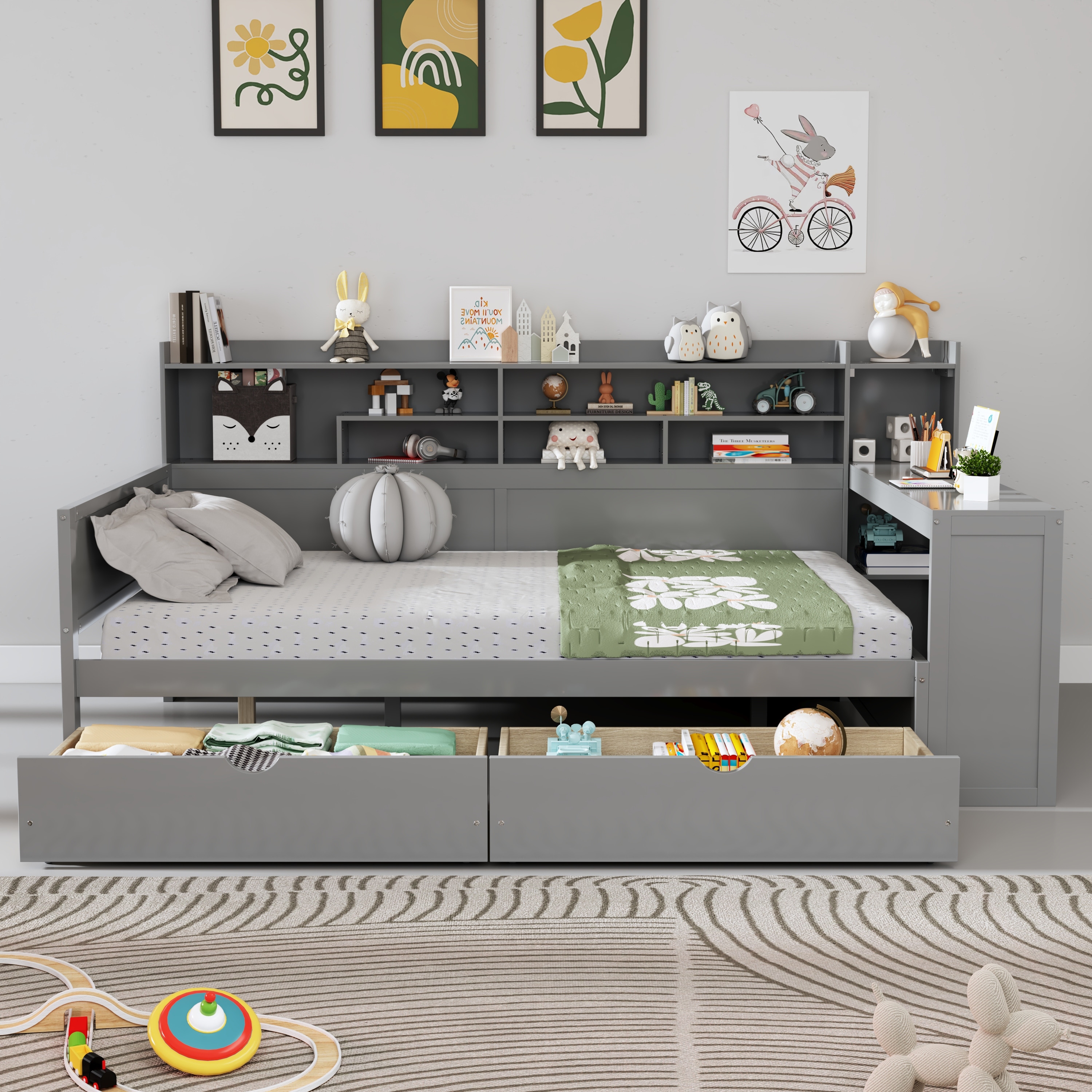 Wooden Twin/Full Size Daybed with 2 Storage Drawers and Built In Desk, Versatile Platform Sofa Bed Frame with Side Shelves
