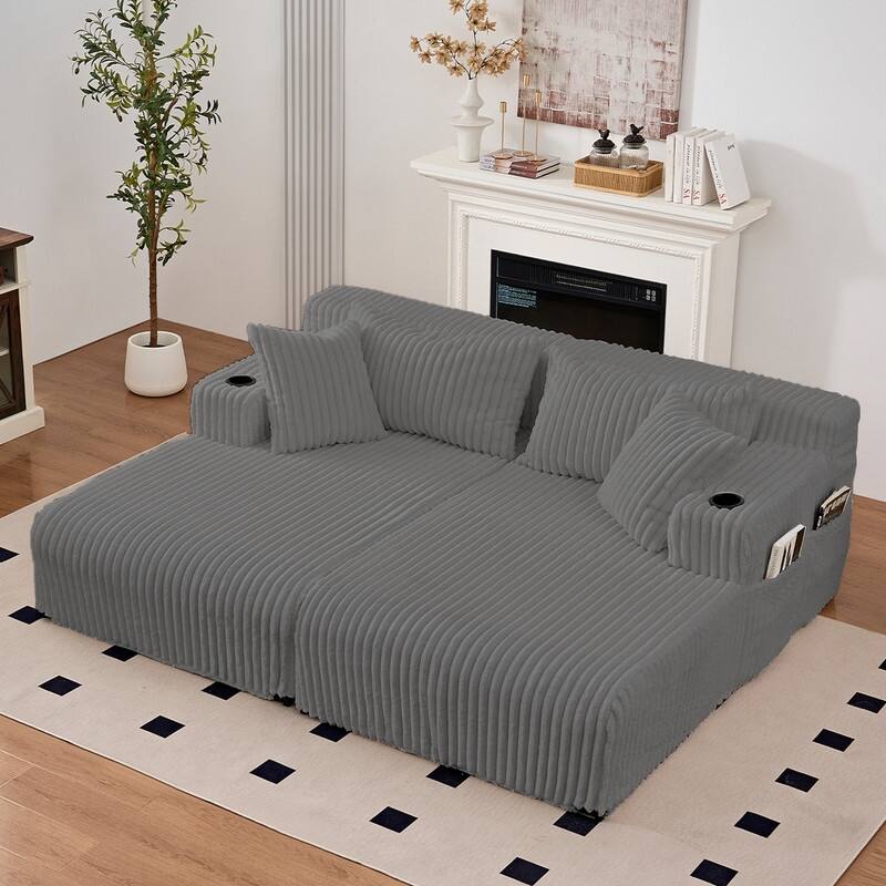 Mixoy 85"Movable Double Chaise Lounge Sofas,Loveseat with Cup Holder,Side Pockets,2 Pcs Oversized Single Sleeper Sofa Chair - Dark Grey - 2-Pieces