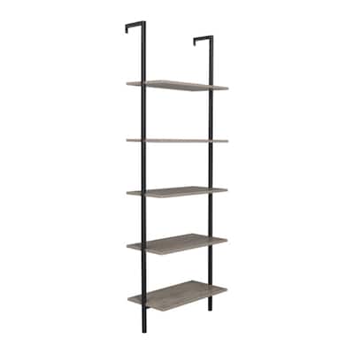 5-Shelf Wood Ladder Bookcase with Metal Frame, Industrial 5-Tier Modern Ladder Shelf Wood Shelves,Grey