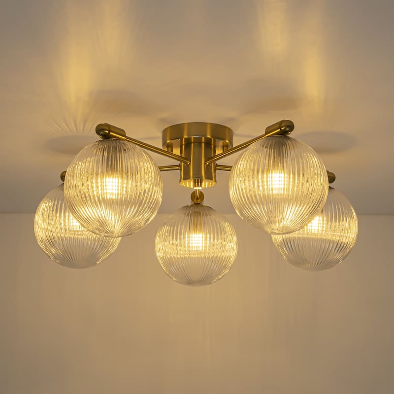 22 in. 5-Light Modern Brass Clear Ribbed Glass Globe Semi-Flush Mount Ceiling Light - 22.05 in. diameter x 8.66 in. height