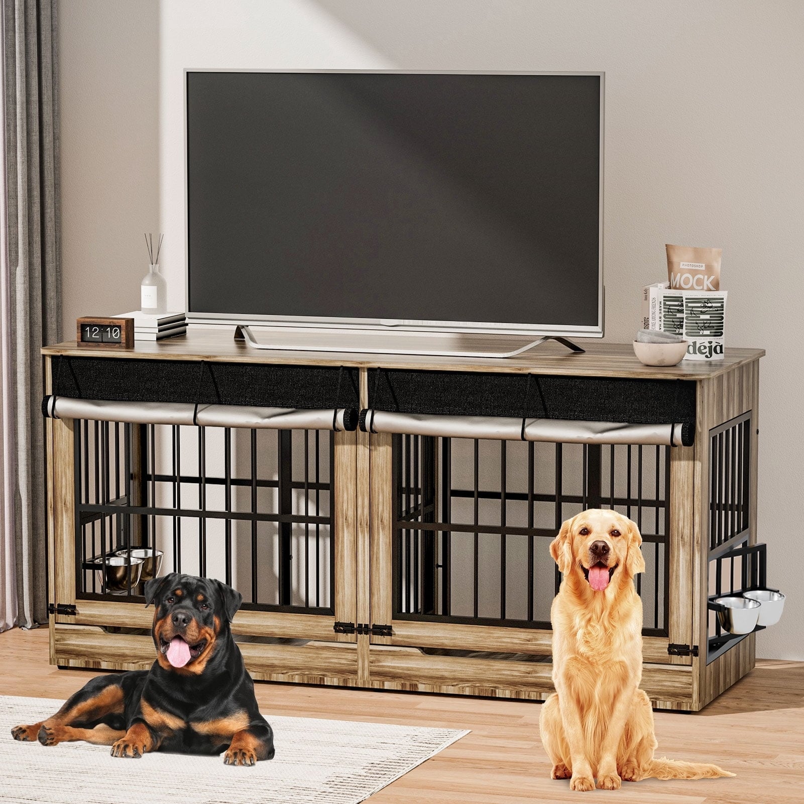 78" Double Dog Crate Furniture with Divider, Thick Wooden Indoor Dog Kennel with Swivel Bowls and Wheels for 2 Dogs