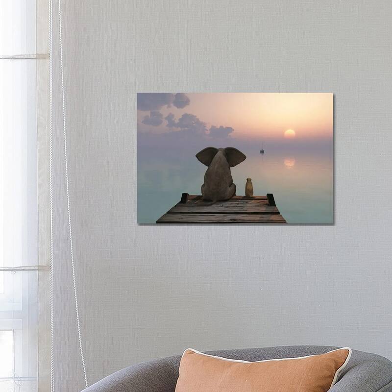 iCanvas "Elephant And Dog Sit On The Pier" by Mike Kiev Canvas Print - 18x26x1.5