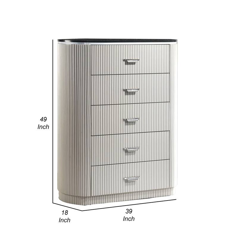 Alda Tall Dresser Chest, 5 Drawers, Black Stone Top, Gray Wood, Silver