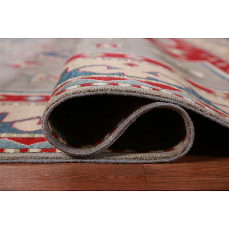 Hand Knotted Oriental 100% Wool Carpet Traditional Geometric Greys & Charcoal Kazak Area Rug - 9' 6'' X 7' 9''