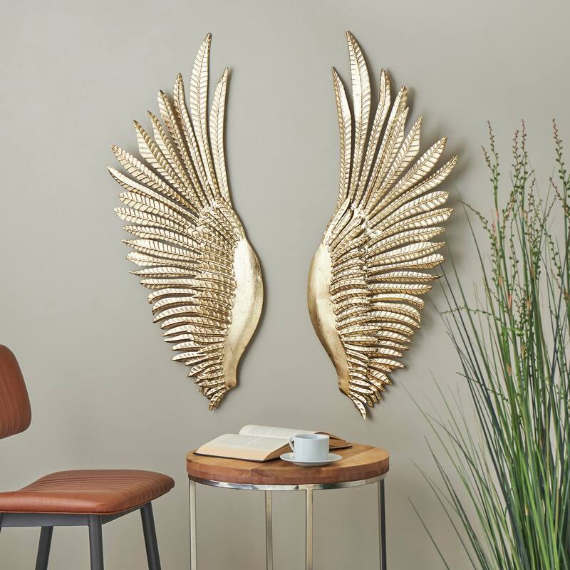 Gold Metal Wing Bird Home Wall Decor with Textured Metallic Finish (Set of 2) - Gold