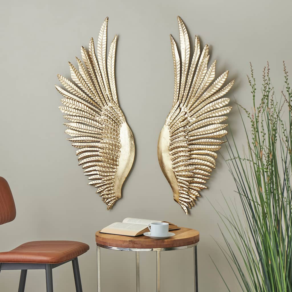 Gold Metal Wing Bird Home Wall Decor with Textured Metallic Finish (Set of 2)