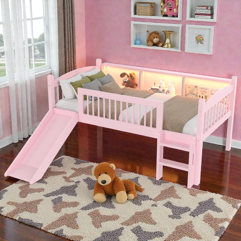 Twin XL/Twin Wood Loft Bed with Storage Shelves, LED Lights, Full-Length Guardrails & Solid Wood Frame, No Box Spring Needed - Pink - Twin