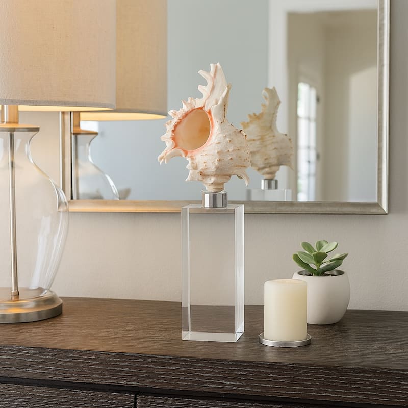 Glass Shell Decorative Object Crystal Block Base Coastal Glam Design - 3" x 3" x 10"