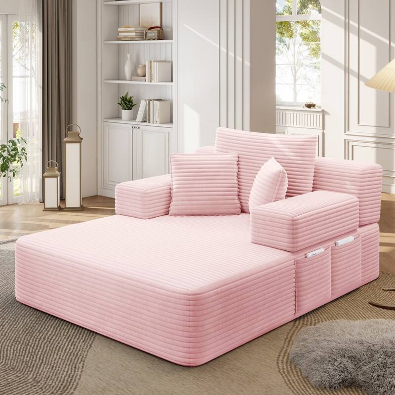 Luxurious Plush Corduroy Chaise Lounge Convertible Sofa Bed with Storage Pocket and Wide Armrests