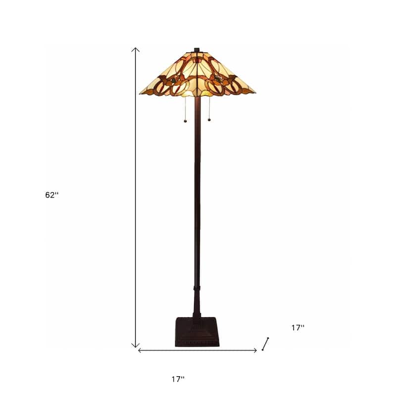 Beige Metal Traditional Floor Lamp with Stained Glass Cone Shades - 17” x 17” x 62” (D x W x H)