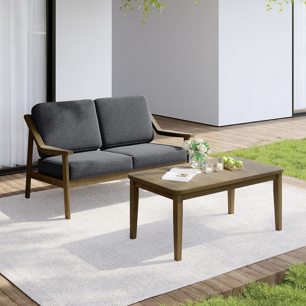 Outdoor Wood Teak Cushioned Patio 2 Seater Loveseat with Coffee Table