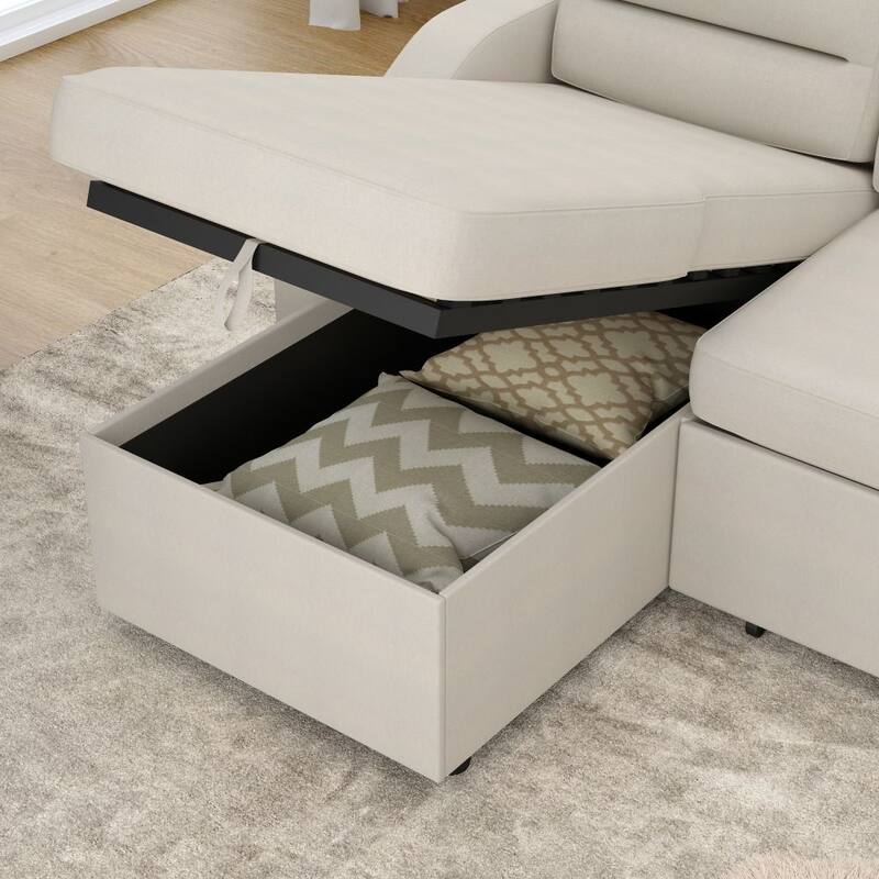 Convertible Sofa Bed Polyester Pullout Bed with Storage Recliner and Cup Holder