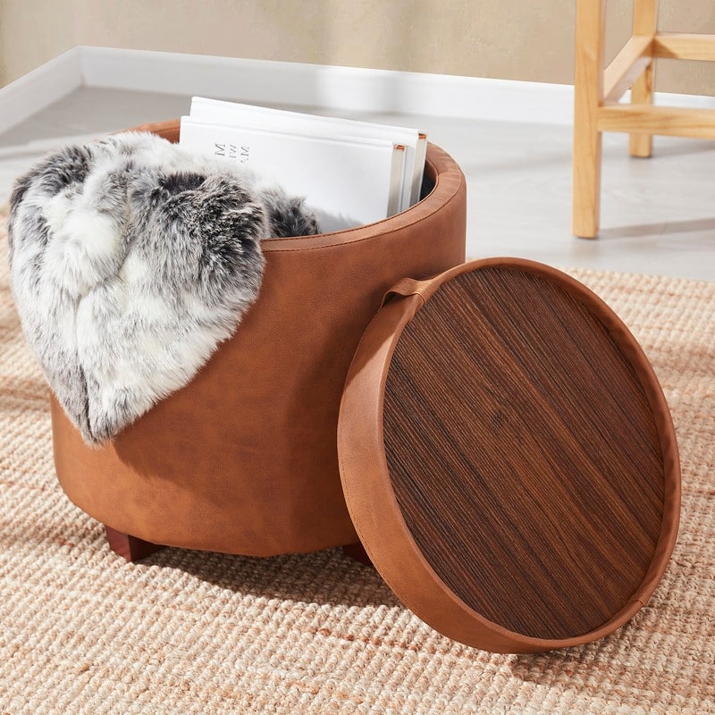 Ornavo Home Lawrence Round Storage Ottoman with Lift Off Lid and Tray Lid Coffee Table