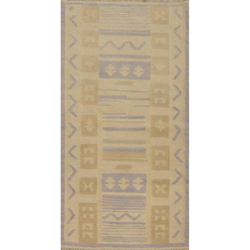 Hand Woven Oriental 100% Wool Carpet Southwestern Tribal Beige & Ivories Kilim Area Rug - 4' 3'' X 2' 1''