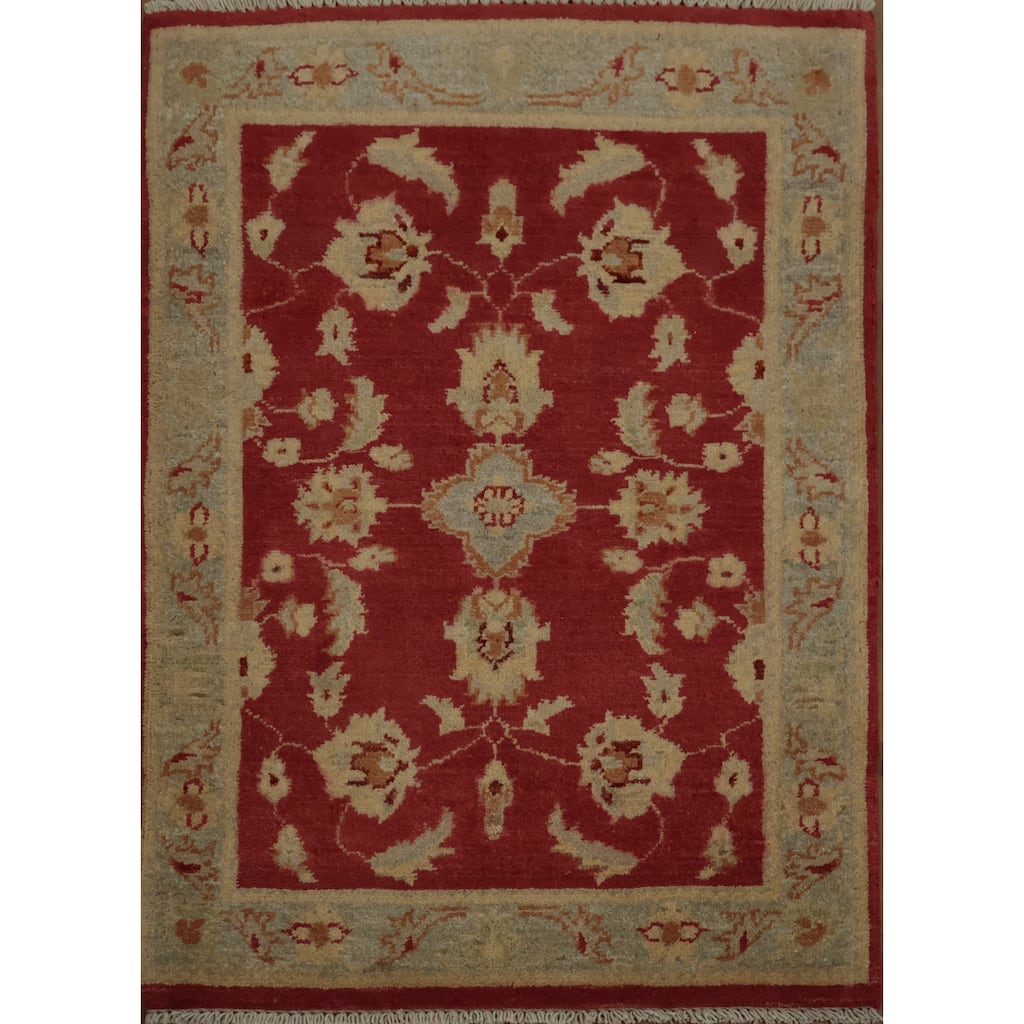 Hand Knotted Oriental 100% Wool Carpet Traditional Floral Red Peshawar Area Rug - 3' 0'' X 2' 2''