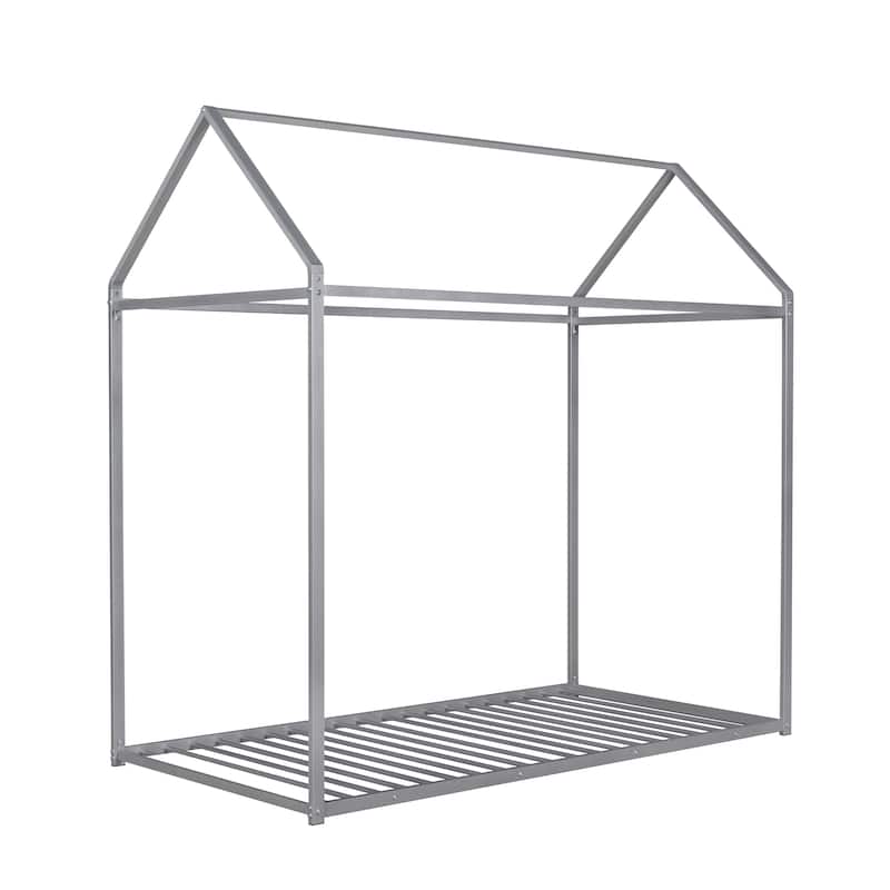 Twin Size Metal House Bed for Kids, Floor Bed Frame with Slats
