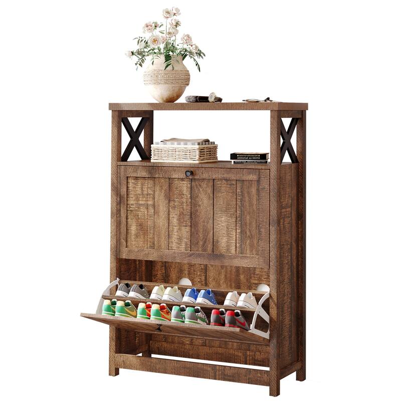 Moasis Shoe Storage Cabinet Organizer with 2 Compartments for Entryway Hallway - Brown