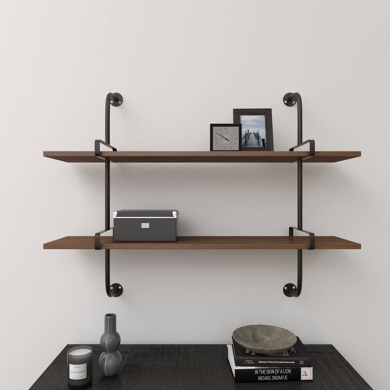 3 Level Wood Wall Shelf with Black Metal Brackets - Brown or Gray