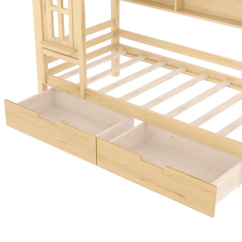 Charming House Bed for Girls, Boys Low Platform Bed Frame with Under-bed Drawers, Storage Shelves, Window and Roof