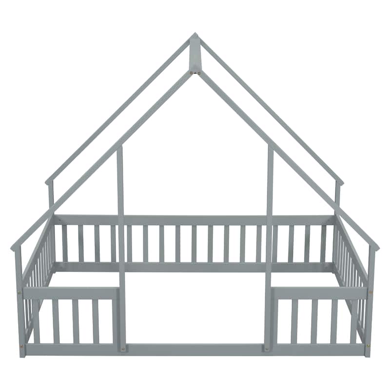 Full Size Pine Wood House-Shaped Floor Bed with Fence, Guardrails and Roof for Bedroom