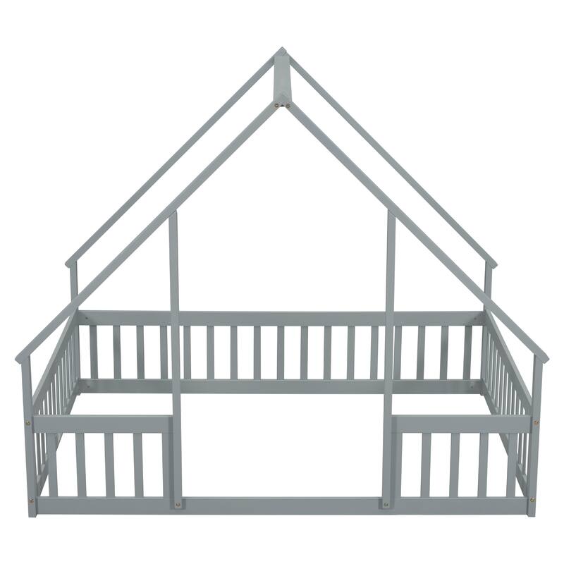 House-Shaped Full Floor Bed with Fence and Guardrails, Grey