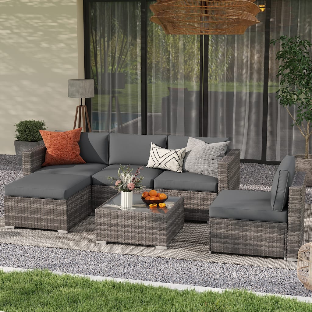 6 Piece All-Weather Wicker Outdoor Sectional Sofa Set, Modular Patio Conversation Set