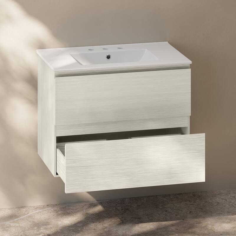 Liberte 30" Wall-Mounted Bathroom Vanity In White Oak With 3-Hole Widespread Sink Top - 30