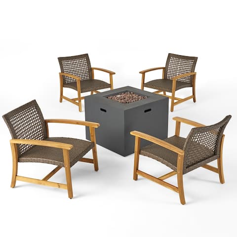 Augusta Outdoor 5 Piece Wood and Wicker Club Chairs and Fire Pit Set by Christopher Knight Home