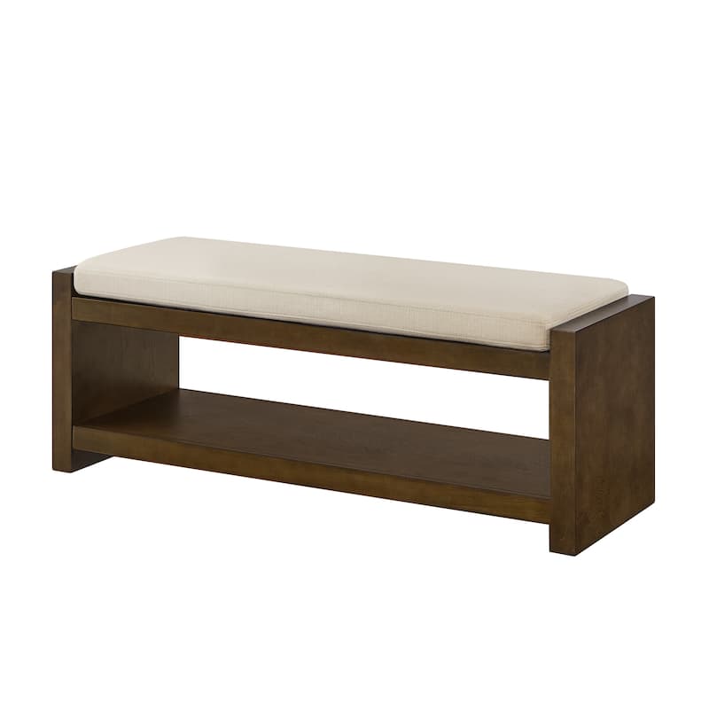 Entryway Storage Bench with Lower Shelf, End of Bed Bench with Wooden Frame Bedroom Linen Upholstered Storage Bench