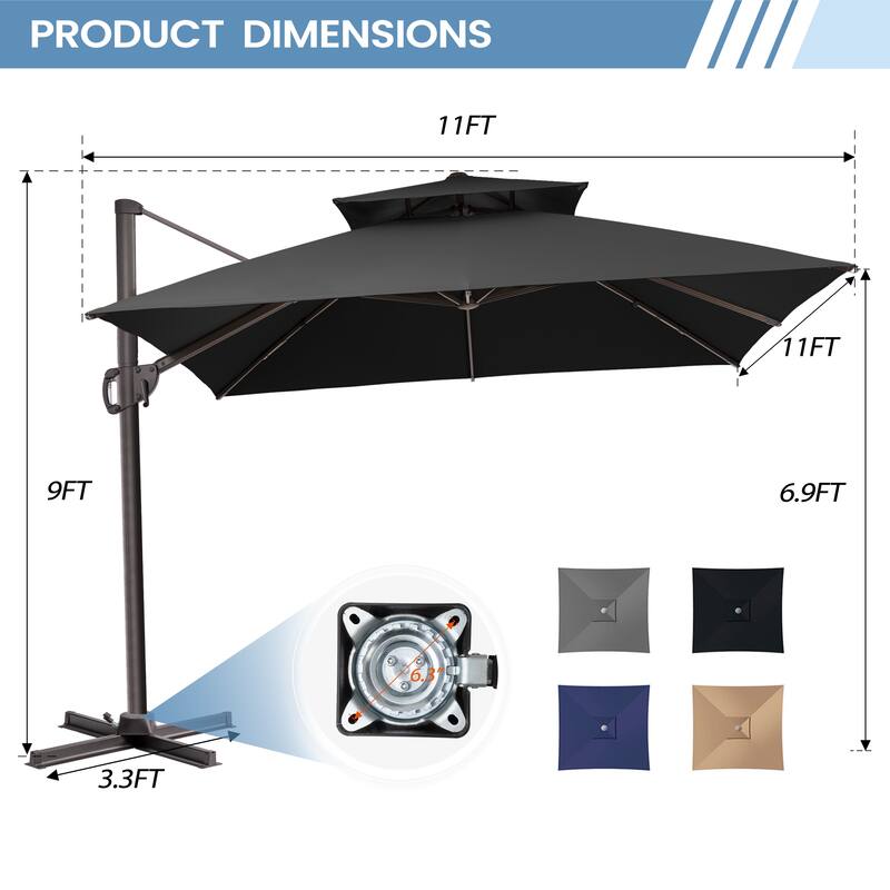 11 FT Outdoor Square Patio Offset Cantilever Umbrella with Base