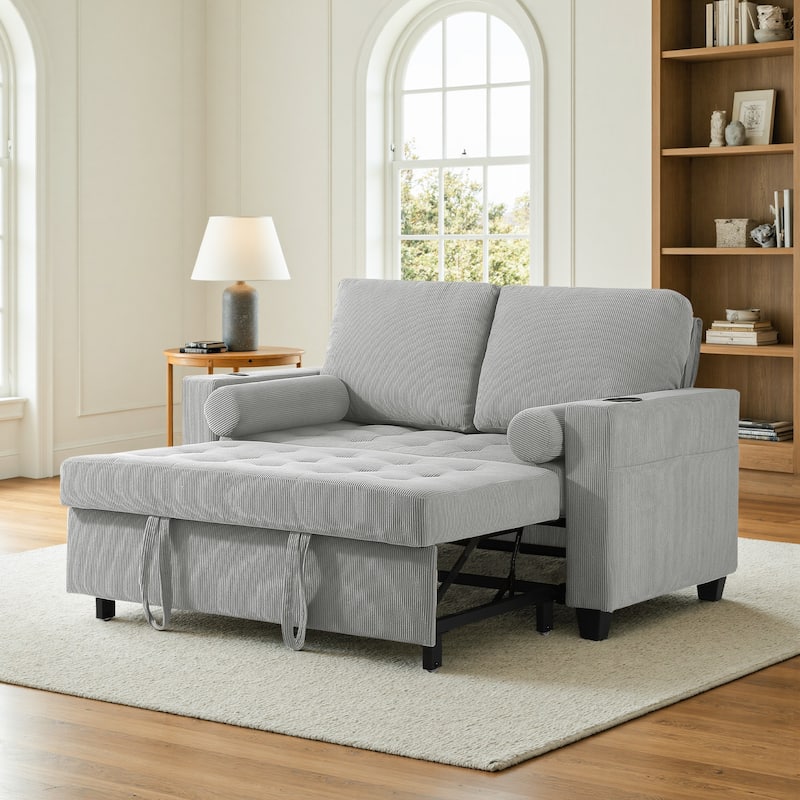 Corduroy Convertible Loveseat Sofa Bed Recliner with Cup Holder, USB Ports - Grey