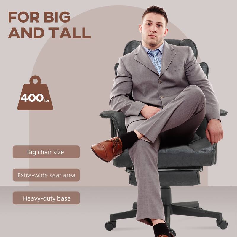 Big and Tall Executive Office Chair with Footrest, 400lbs Capacity, Adjustable Lumbar Support, Reclining Wide Seat, Black