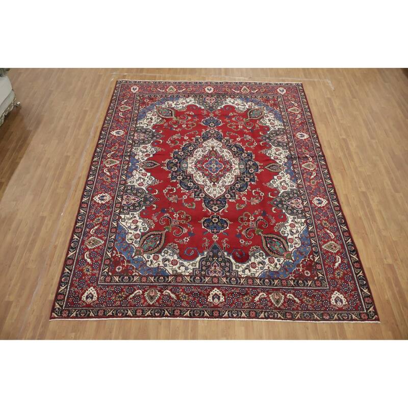 Hand Knotted Oriental 100% Wool Carpet Traditional Geometric Red Tabriz Area Rug - 13' 1'' X 10' 1''