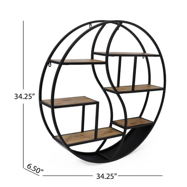 dimension image slide 2 of 4, Buckthorn Industrial Circular Hanging Wall Shelf by Christopher Knight Home - 34.25" H x 34.25" W x 6.50" D