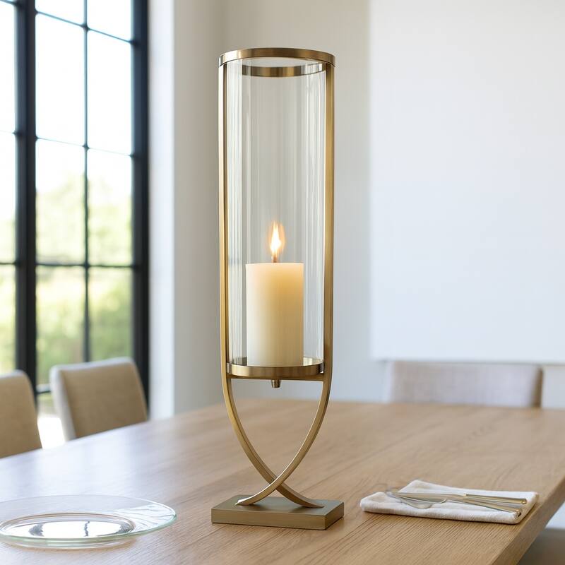 Modern Glass Pillar Candle Holder Decorative Lantern with Steel Frame
