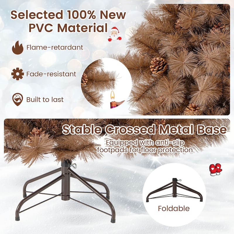 Gymax 6 FT Pre-Lit Artificial Christmas Tree Hinged Chocolate-Color