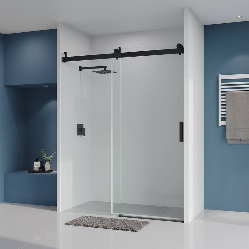 Sliding Frameless Shower Door with 3/8 Inch (10mm) Thick Tampered Glass - 60" * 76" - Black