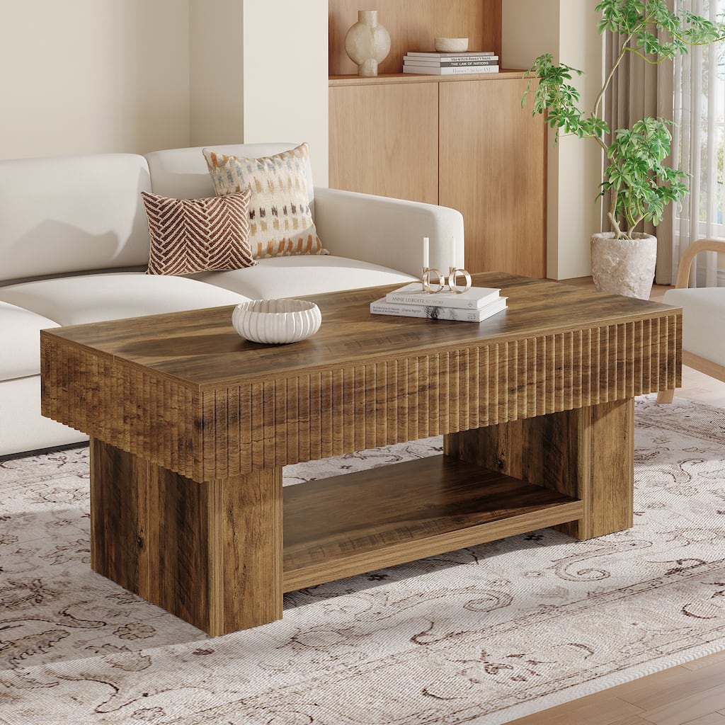 47-Inch Wood Coffee Table with Storage, Large Rectangular Center Table with Open Shelf for Living Room