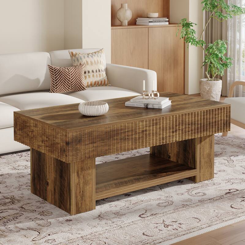 Large Wood Coffee Table with Storage, Farmhouse Rectangular Center Table with Open Shelf for Living Room