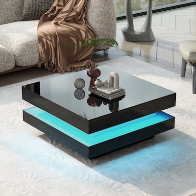 ON-TREND High Gloss Minimalist Design with LED Lights, 2-Tier Square Coffee Table