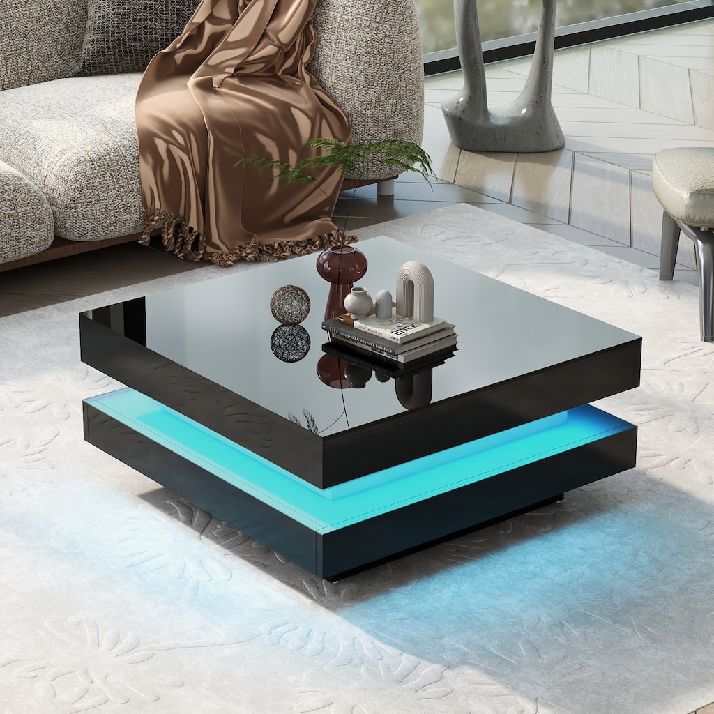 Roomfitters Modern Square Coffee Table with High Gloss Finish, 2-Tier Center Table with Lighting for Stylish Living Room