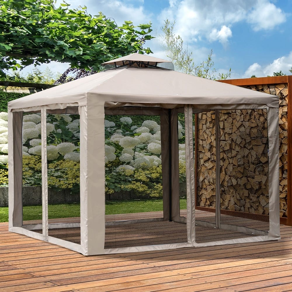 Outsunny 9.5' x 9.5' Patio Gazebo Outdoor Pavilion 2 Tire Roof Canopy Shelter Garden Event Party Tent Yard Sun Shade Steel Frame