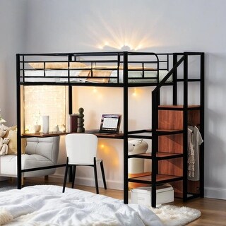 Artsy Twin Size Metal Loft Bed with Desk and Metal Grid, Stylish Metal Frame Bed with Lateral Storage Ladder and Wardrobe, Black