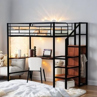 Twin Size Metal Loft Bed with Desk, Metal Grid and Wardrobe, Black ...