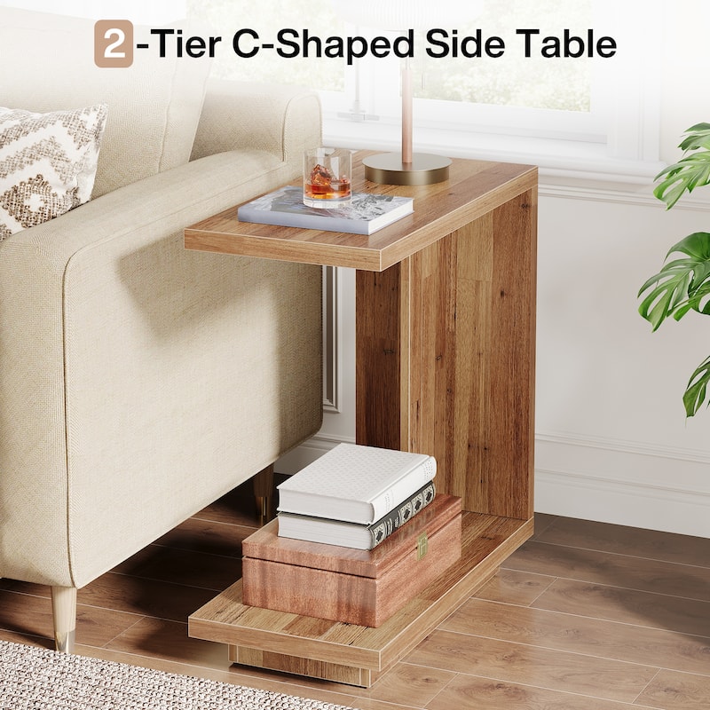 C-Shaped Side Table, 2-tier Narrow End Table with Sturdy Pedestal