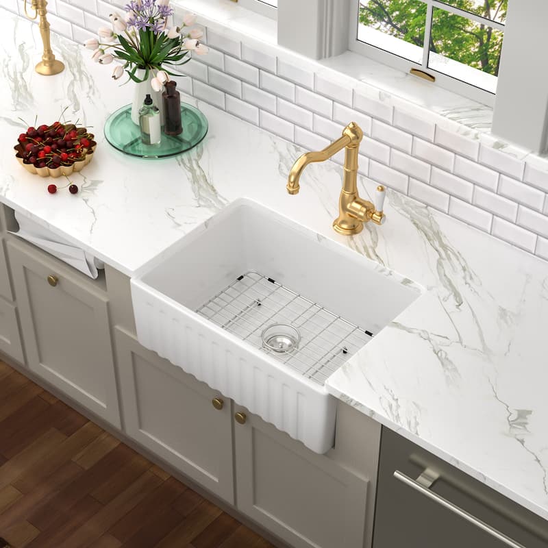 Kichae 24 Inch Ceramic Sink Undermount Farmhouse White Bar or Kitchen Sink - 24 in.W x 18 in.D x 10 in.H